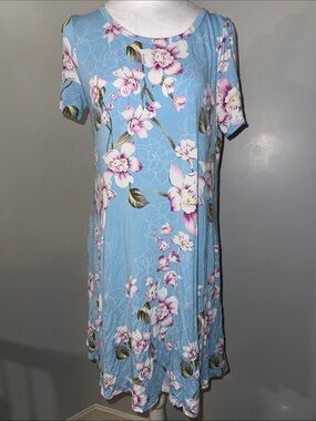 Korsis Blue Floral Short-Sleeve A-Line Dress Sz Medium